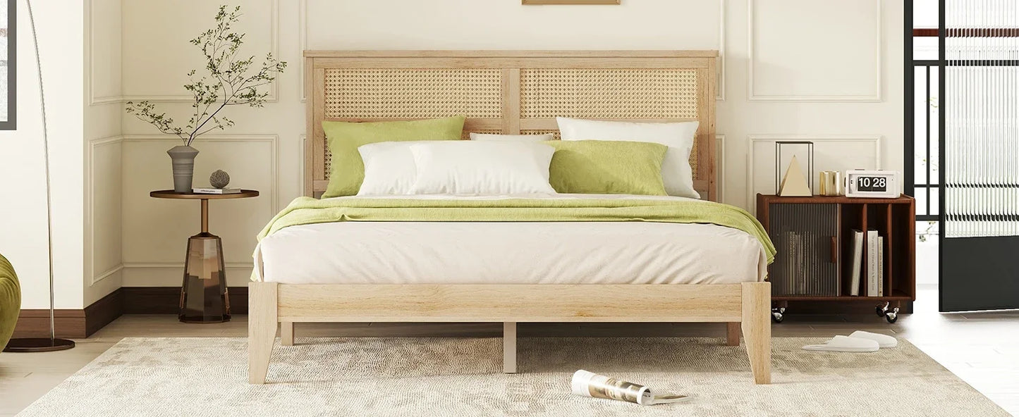 Queen Size Rattan Bed Frame, Natural Wood Bed Frame with Support Legs, Platform Beds with Rattan Headboard, Queen Bed Frame