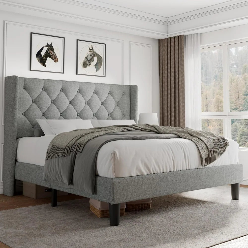 iPormis Full Size Platform Bed Frame with Button Tufted Headboard, Upholstered Bed Frame with Solid Wooden Slats, 8" Underbed Sp