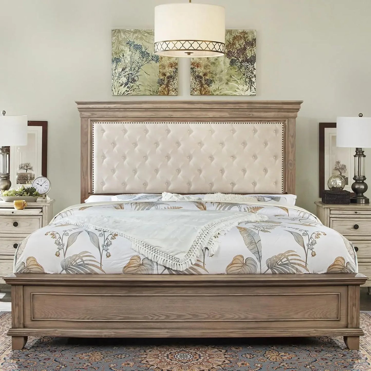 King Size Bed Frame with Upholstered Headboard, Solid Wood Mid-Century Platform Bed, Architectural Design, No Box Spring Needed