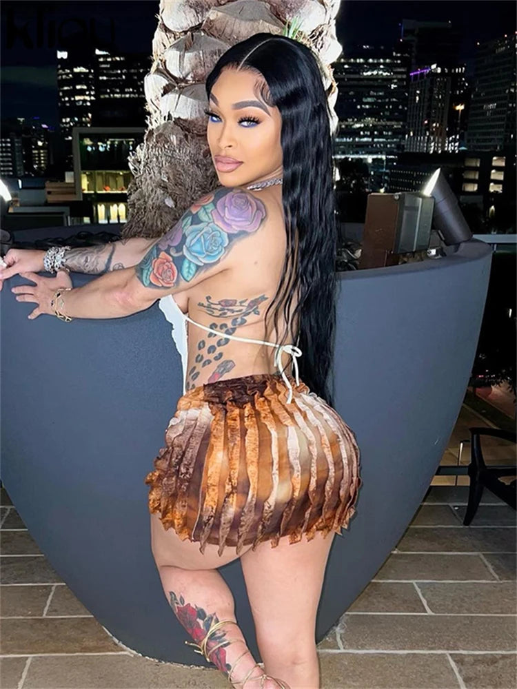 kliou Summer Women Mini Sexy Mesh Two Piece Set