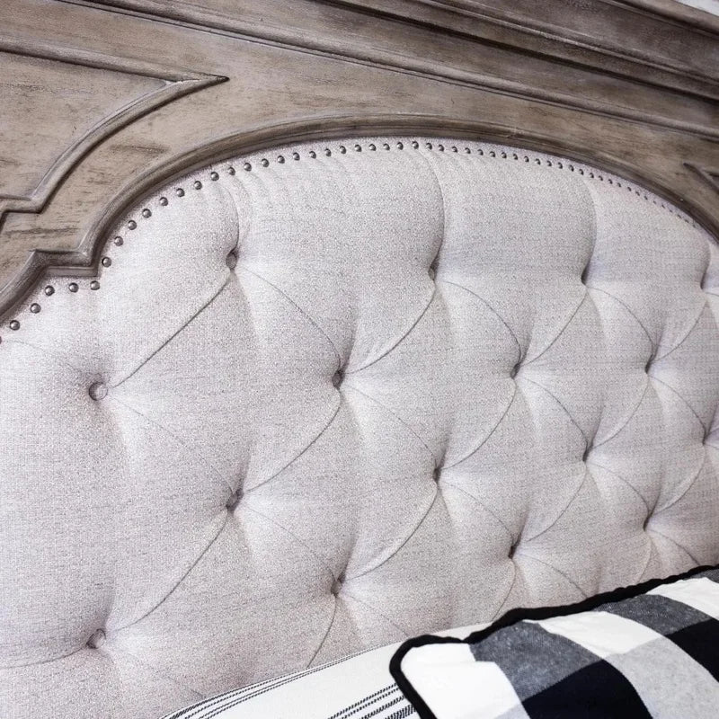 King Bed with Upholstered Button Tufted Headboard and Low Vertical Planked Inset, 83.5" x 90", Farmhouse Style Bed Frame