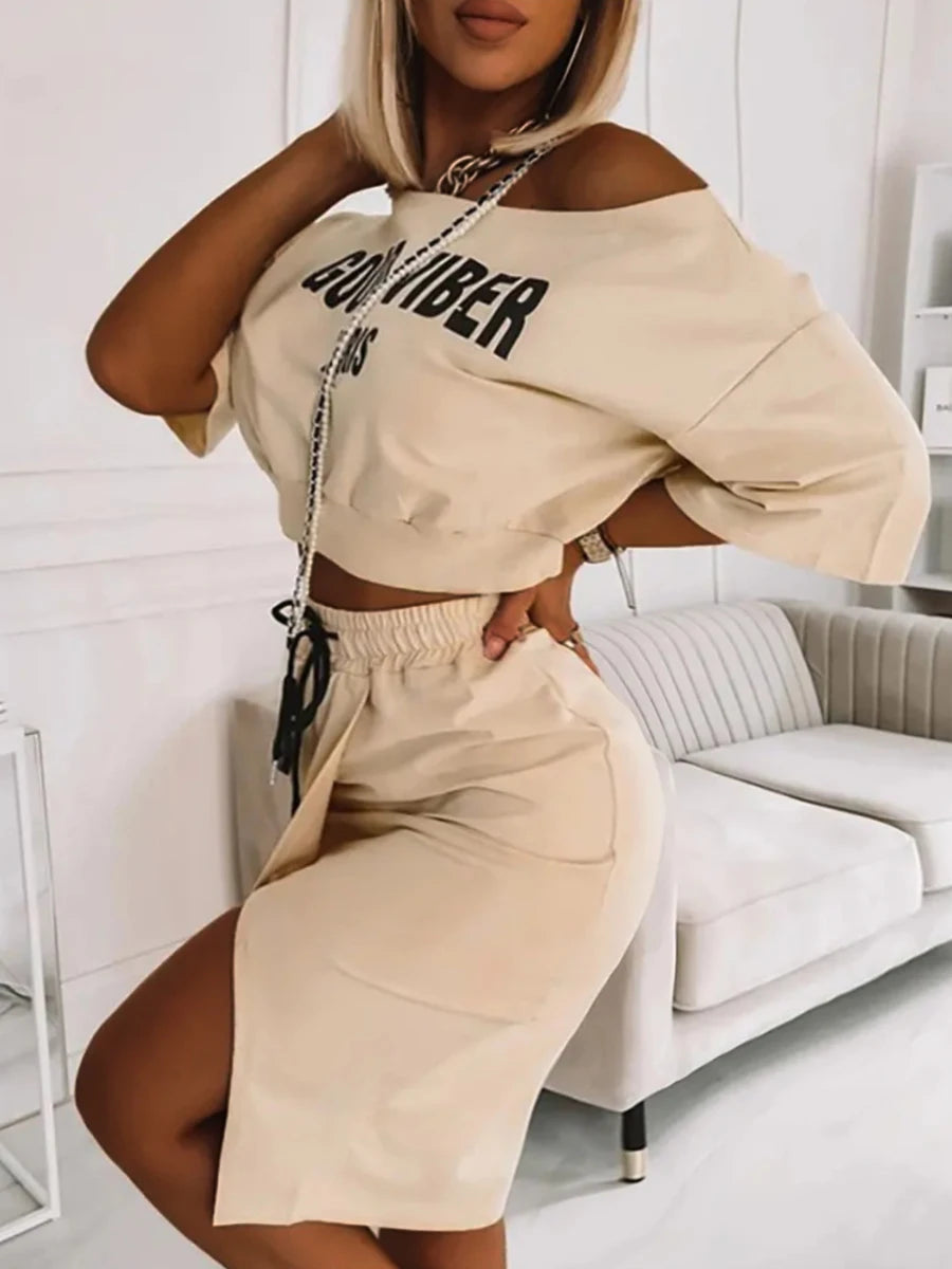 Two Piece Good Viber One Shoulder Letter Print Set Crop Top + High Split Skirt
