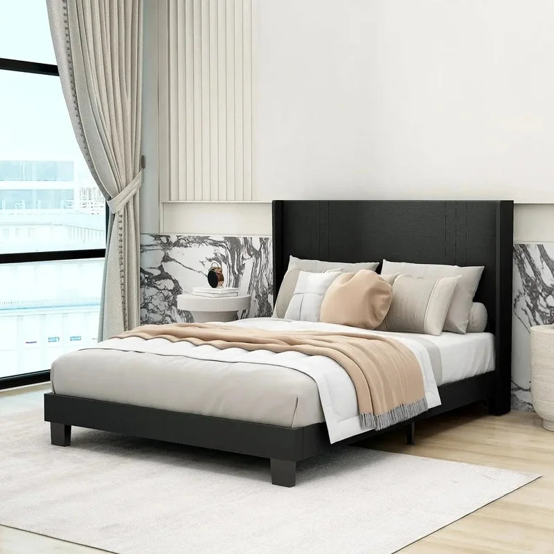 King Size Upholstered Platform Bed Frame with Headboard, Wooden Slats, Easy Assembly, No Box Spring Needed, Beige Velvet.