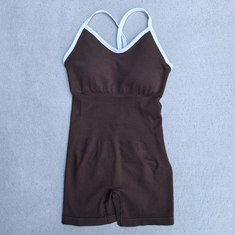 Summer Seamless Yoga Jumpsuit Women Gym Set Spaghetti Strap Leisure Workout Gym Shorts Padded Bra One-piece Fitness Bodysuits