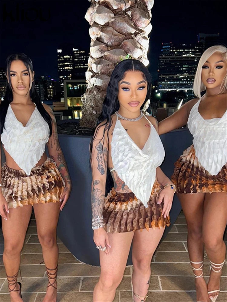 kliou Summer Women Mini Sexy Mesh Two Piece Set