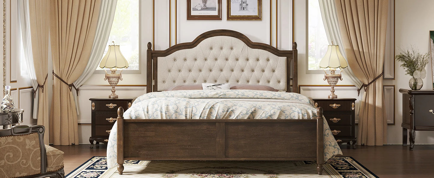 King Size Wood Bed Frame with Upholstered Headboard, Solid Wood Platform Bed with Linen Tufted, No Box Spring Needed