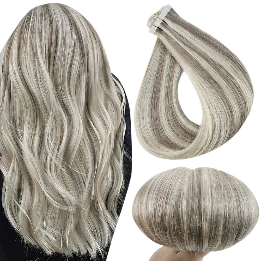 Full Shine Virgin Hand Tied Tape In Adhesives Human Hair Extensions PU Skin Weft Blonde Color Invisible Seamless Injection