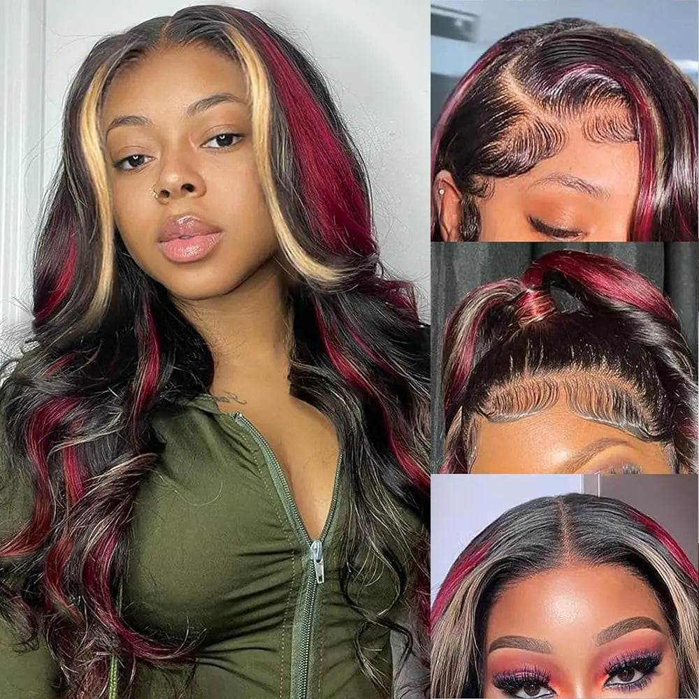 Ombre Red With Blonde Highlights Body Wave 5x5 Glueless Wigs Human Hair Burgundy for Women Pre Plucked 200 Density Colored Wig