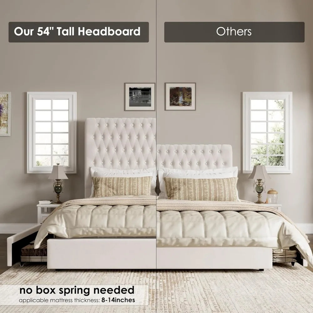 King Size Bed Frame 54" Tall Headboard with Gorgeous Button Tufted and Nail, Velvet Fabric Upholstered Bed Frame includes 4 Unde