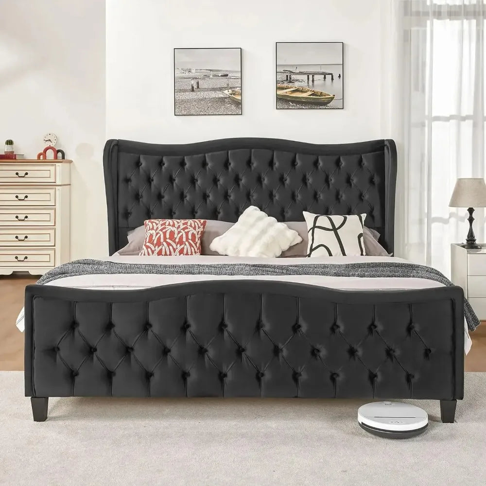Platform Bed Frame, Wavy Velvet Wingback Upholstered Bed with Handmade Deep Button Tufted High Headboard & Footboard