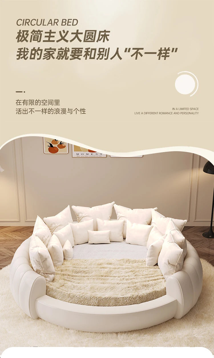 Minimalist Genuine Leather Bed Round Modern King Size American Style Fashionable Bed Light Luxury Wedding Full Lit Furniture