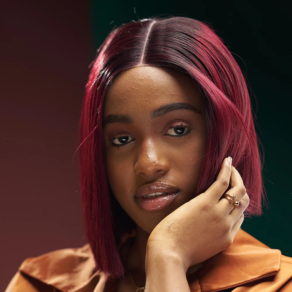 Wine Red Short Bob Human Hair Wig Virgin Brazilian Bone Straight Bob Hair Wig 2x6 Lace Closure Wigs