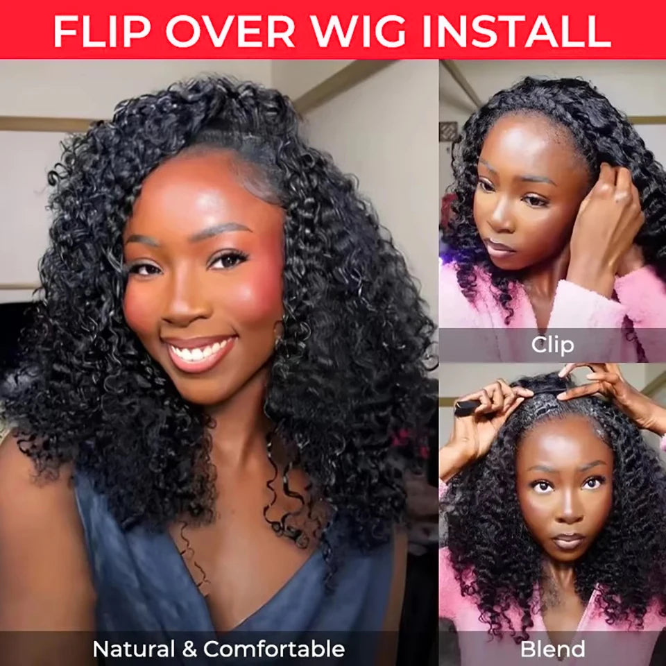 Human Hair Flip Over 3 IN 1 Afro Kinky Curly Glueless Wig