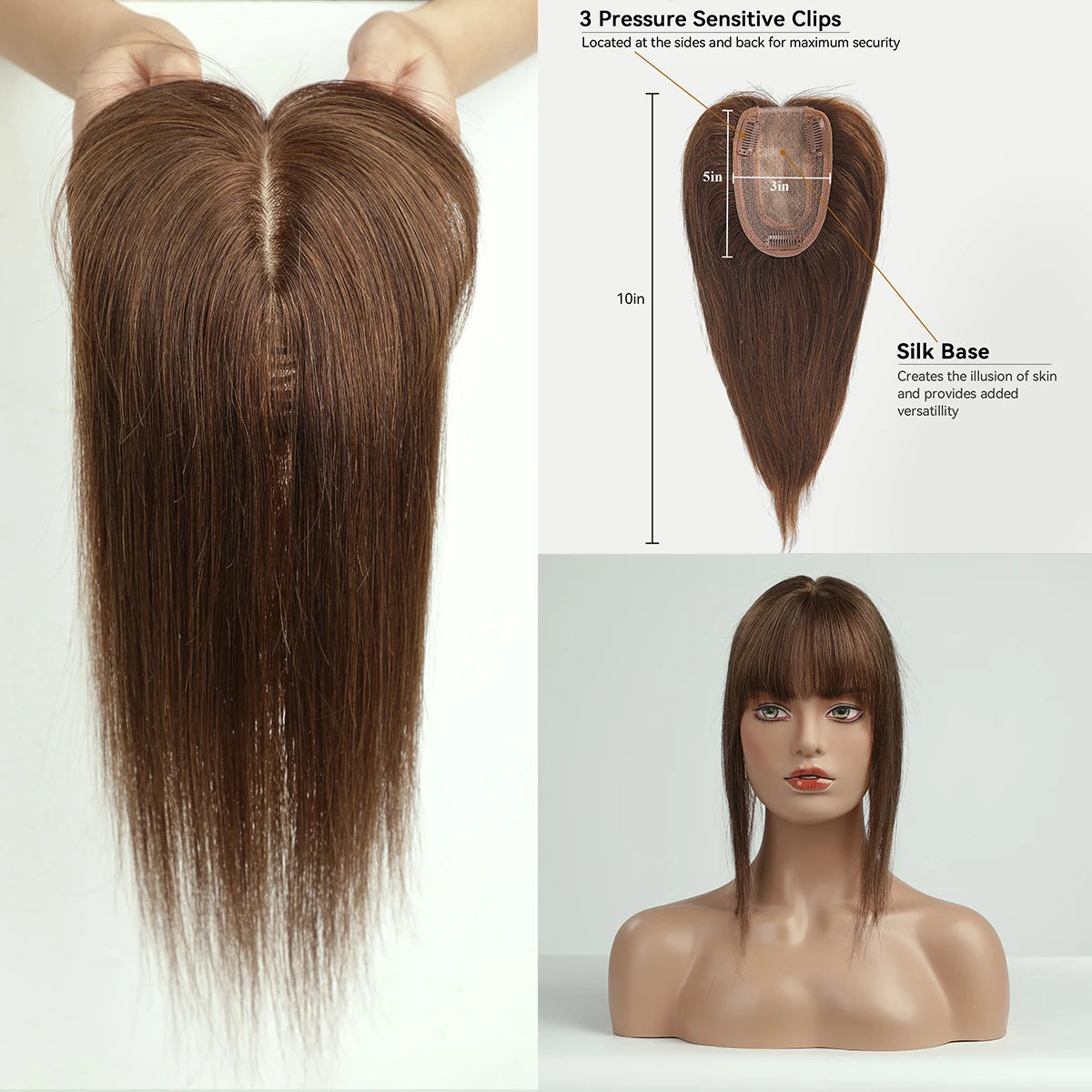 Ombre Blonde 100% Remy Human Hair Toppers with Bangs Silk Base Clip in Topper Top Hair in Hair Extension for Women 10/12/14inch