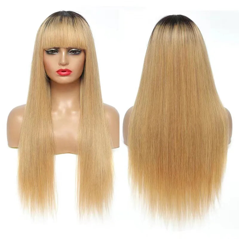 Straight Human Hair Wigs With Bangs/Burgundy Brazilian Remy