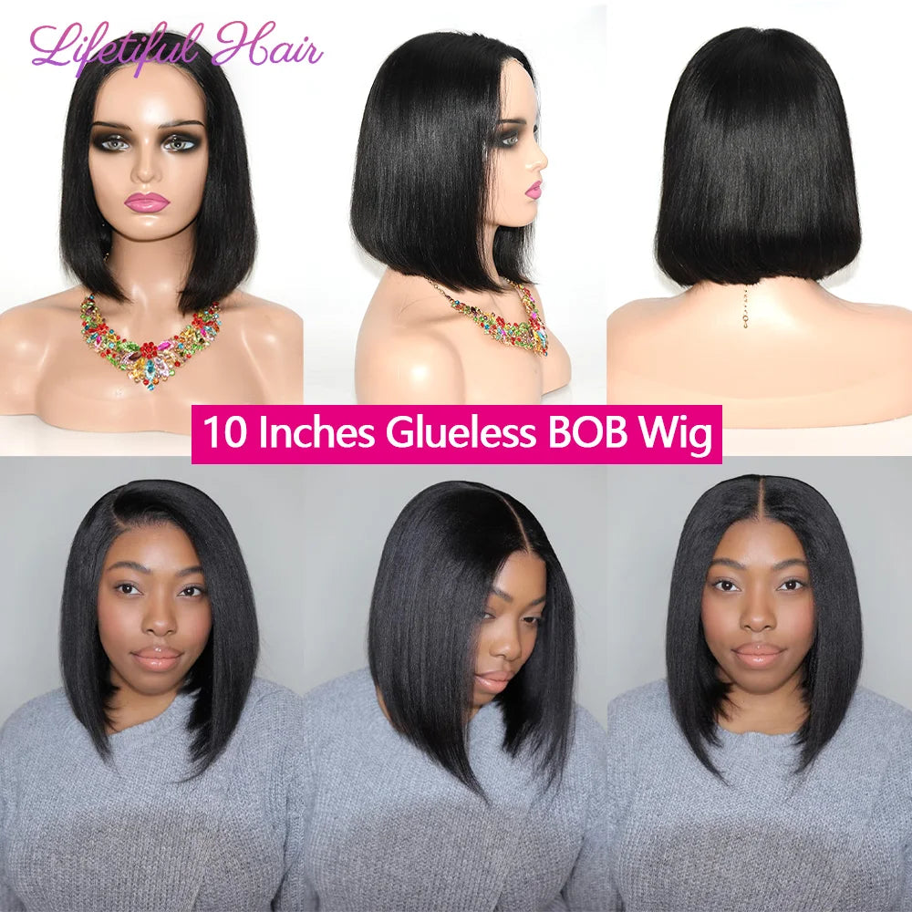 Glueless Bob Hair Wig Human Hair Ready To Wear Straight Transparent 4x4 Lace Closure