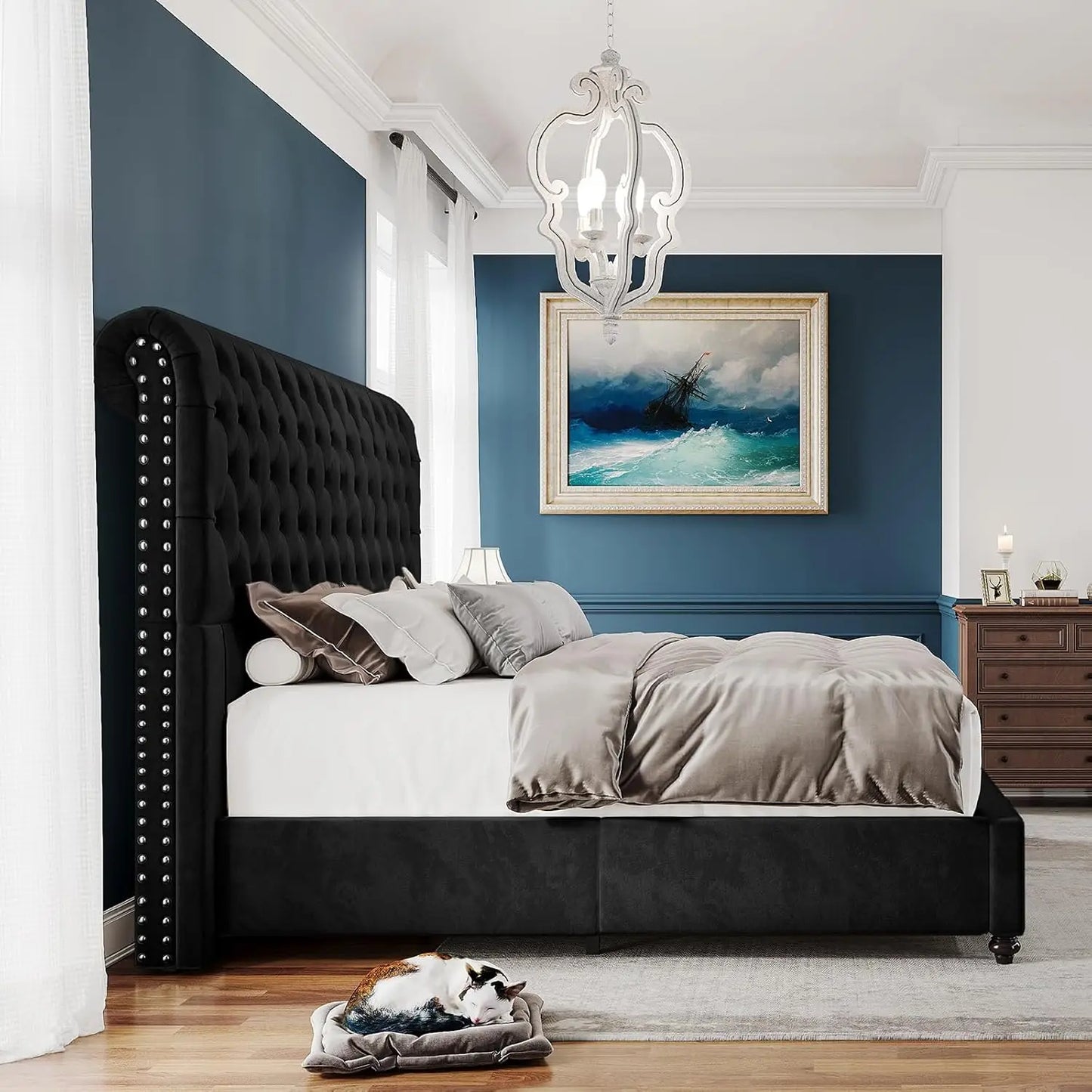 King Bed Frame Upholstered Platform Bed Frame with 52.8'' Tall Sleigh Headboard, Button Tufted, No Box Spring Needed, Black