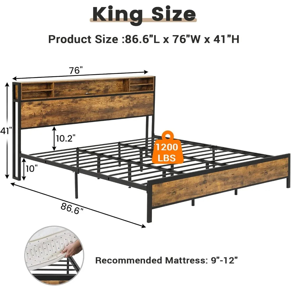 King Size Bed Frame with Storage Headboard Bed Frame with USB Ports & Charging Outlets No Box Spring Needed Bed Frame