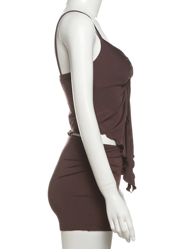 2 Piece Set Simple Irregular Rushed Low Neck Backless Camisoles+ Solid Slim Shorts