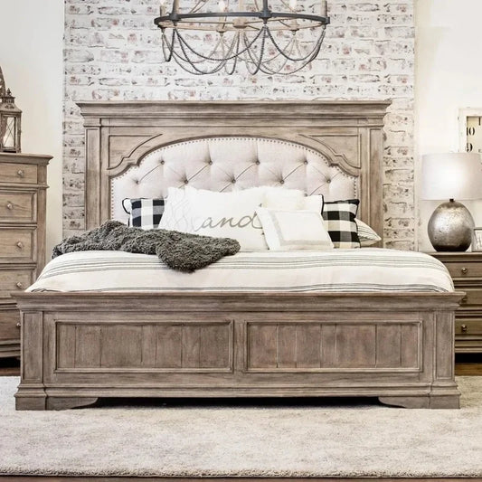 King Bed with Upholstered Button Tufted Headboard and Low Vertical Planked Inset, 83.5" x 90", Farmhouse Style Bed Frame