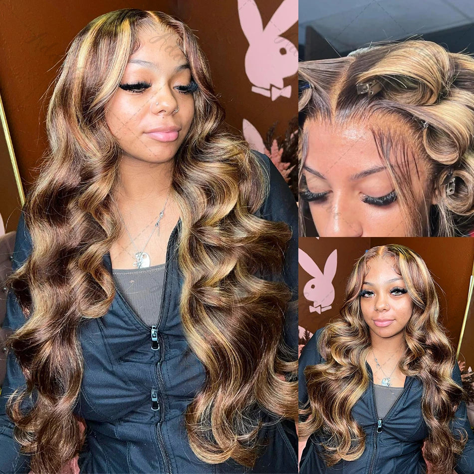 30 40 Inch 4/27 Highlight Body Wave 13x4 Human Hair Lace Frontal Wigs 250 Density Colored Ombre 13x6 HD Lace Front Wig For Women