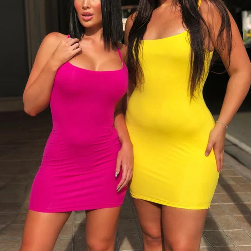 Summer Spaghetti Strap Mini Dress Women Sexy Bodycon Club Party Dresses Short