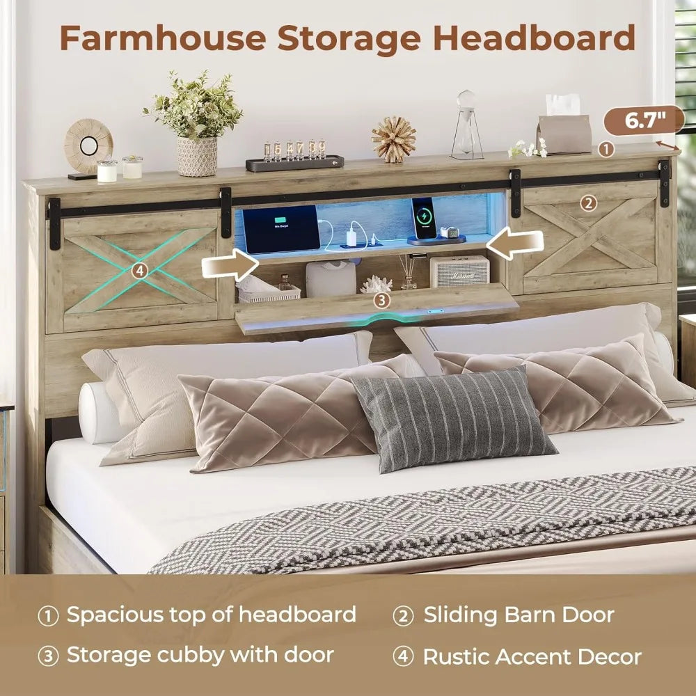 Hasuit Farmhouse Bed Frame King Size with Storage Bookcase Headboard, Wooden King Bed with LED Lights, Charging Station, 2 Drawe