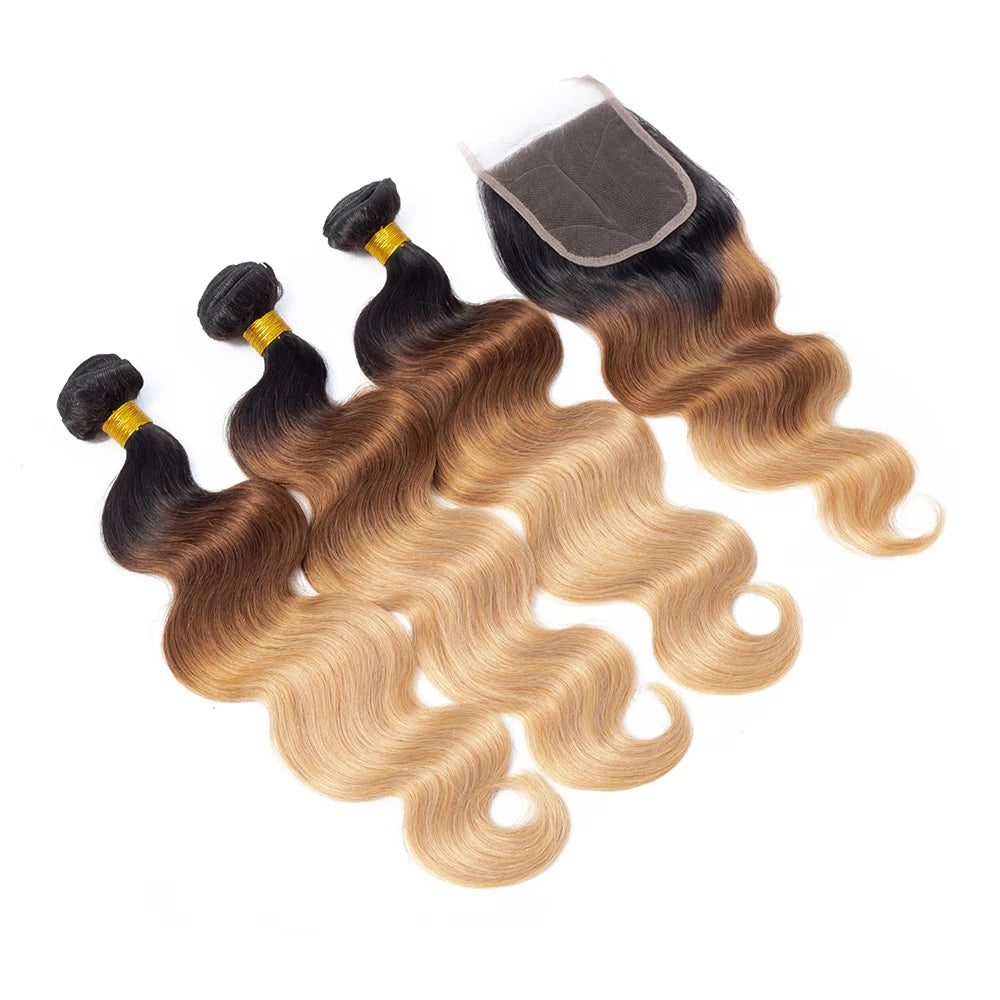Ombre Color Body Wave Human Hair Bundles with closure Brazilian  human hair 1b/4/27 Hair Weave Bundles human Hair Extension