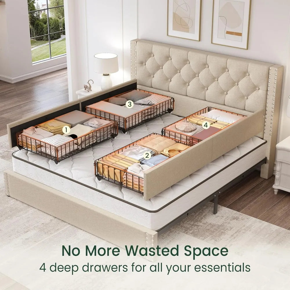 Queen Size Bed Frame with 4 Storage Drawers and Tufted Headboard Linen Upholstered Platform Bed Frame with Heavy Duty Wood Slats