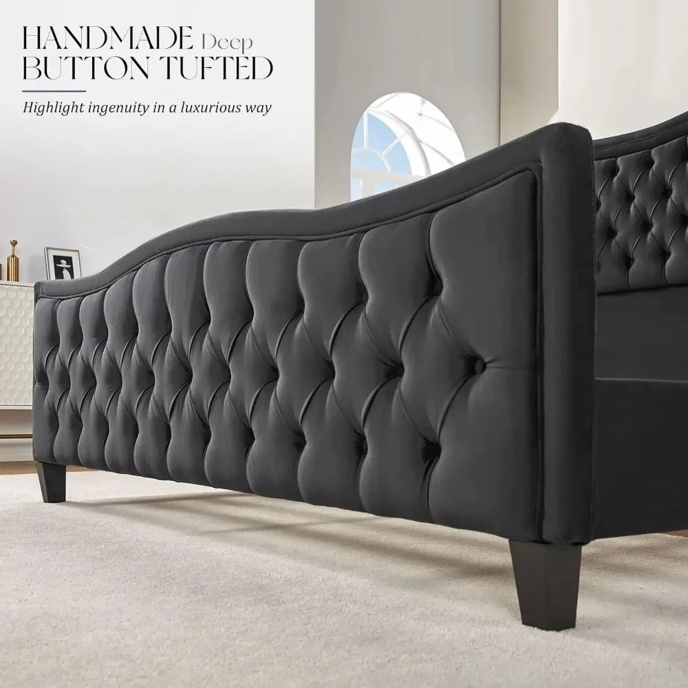 Platform Bed Frame, Wavy Velvet Wingback Upholstered Bed with Handmade Deep Button Tufted High Headboard & Footboard