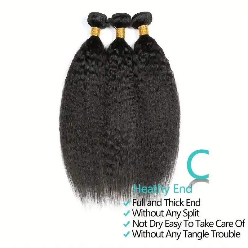 3 Pcs Kinky Straight Bundles Brazilian Unprocessed Virgin Human Hair Weave Bundles 4C  Yaki Human Hair Extensions Natural Black