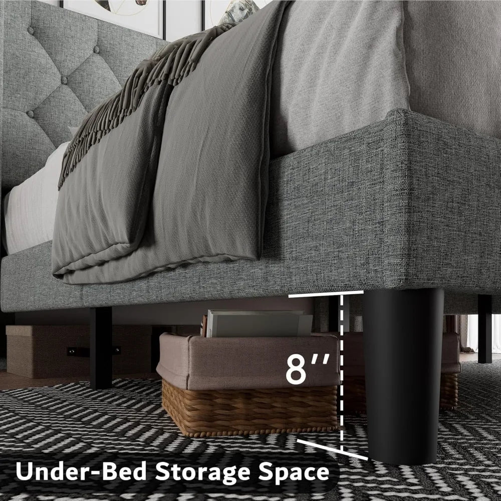 Full Size Bed Frame with Diamond Button Tufted Wingback Headboard, Upholstered Platform Bed Frame with Strong Wood Slat Support
