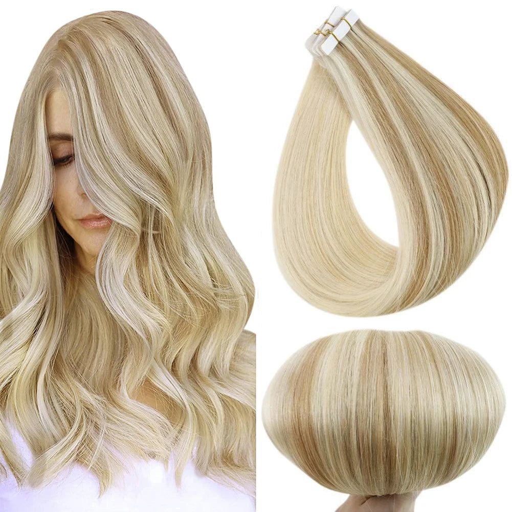 Full Shine Virgin Hand Tied Tape In Adhesives Human Hair Extensions PU Skin Weft Blonde Color Invisible Seamless Injection