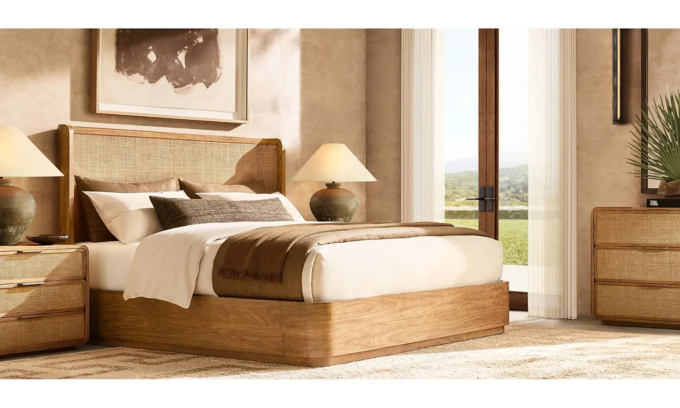 American Style Minimalist Wooden Rattan Weave king Size Bed Can Customize Bedroom Furniture