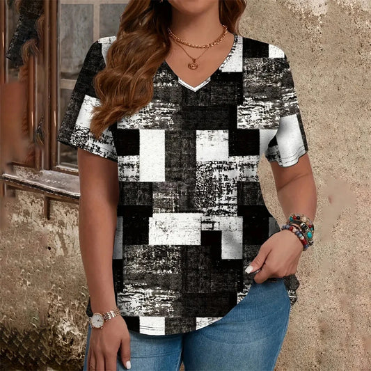 Printed Women's V-Neck Short Sleeve Women's Loose Shirt