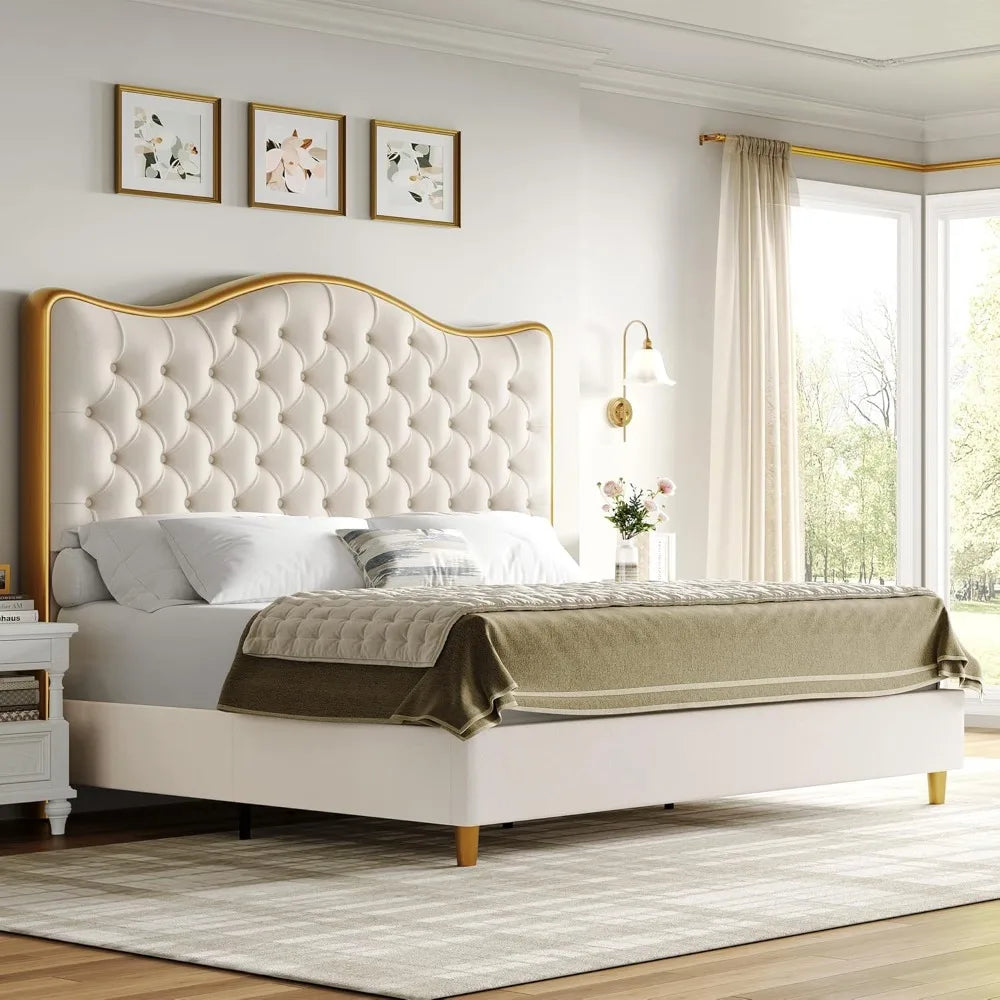 King Size Bed Frame W 55" Tall Curved Headboard, Velvet Deep Tufted Button, No Box Spring Needed, Metal Upholstered Platform Bed