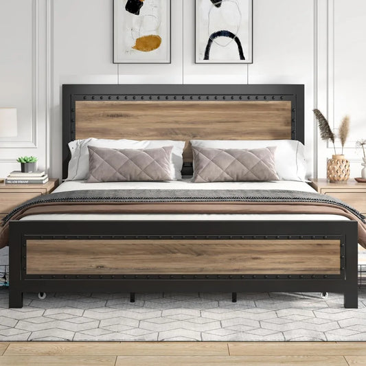 Keyluv King Bed Frame with 4 Storage Drawers, Rivet Modern Headboard and Footboard Platform Bed with Solid Wood Slats Support, N