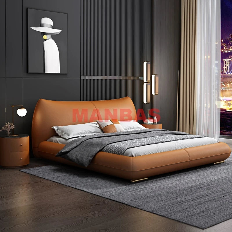 Linlamlim Genuine Leather Bed Double Size Rectangle Bed Frame Nordic King/Queen Size Wedding Lits Designer Upholstered Camas