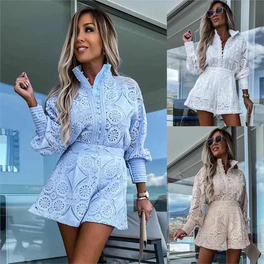 Lace Shirt Single Breasted Long Sleeve Shorts Set Spring Summer Slim Elegant Ladies Office White Shorts 2piece Set