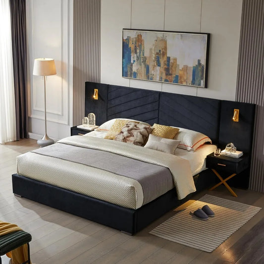 King Platform Bed Frame, Velvet Upholstered Headboard with 2 Built-in Wall Sconces & Nightstands, Sturdy Metal & Solid