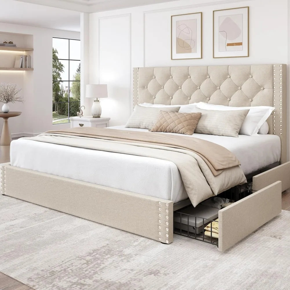 Queen Size Bed Frame with 4 Storage Drawers and Tufted Headboard Linen Upholstered Platform Bed Frame with Heavy Duty Wood Slats