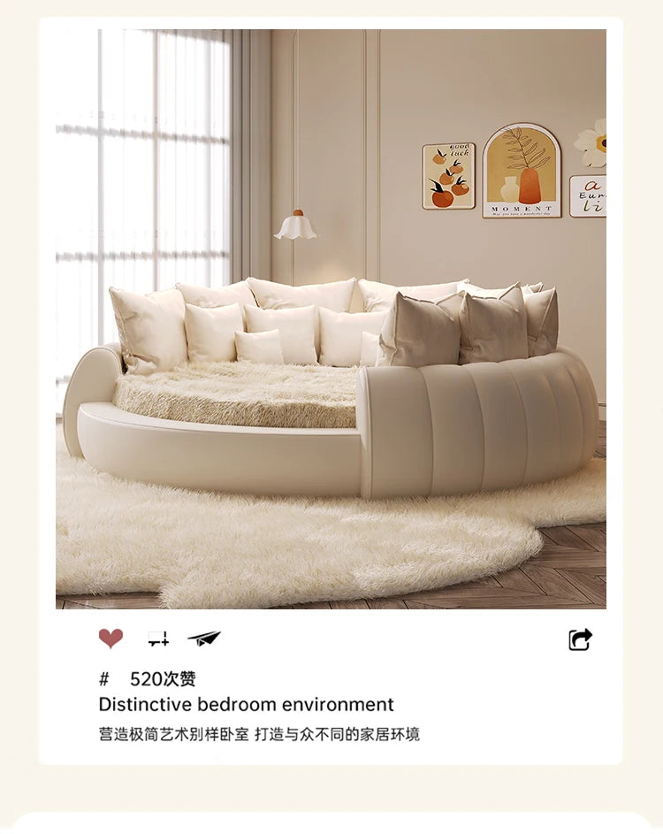 Minimalist Genuine Leather Bed Round Modern King Size American Style Fashionable Bed Light Luxury Wedding Full Lit Furniture