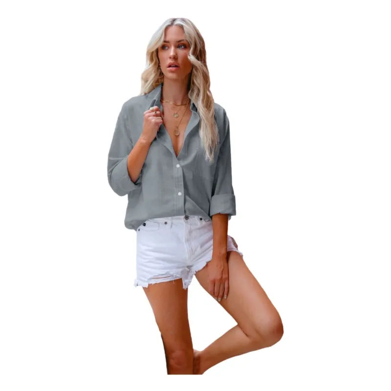Long Sleeve Shirts Women Button Up Vintage Solid Shirt
