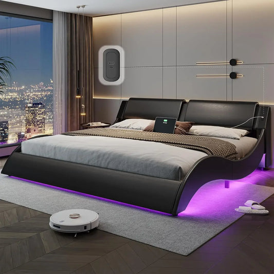 King Bed Frame with Charging Ports and Headboard King Size Platform Bed Frame with LED Lights Wave Like Curve King Led Bed