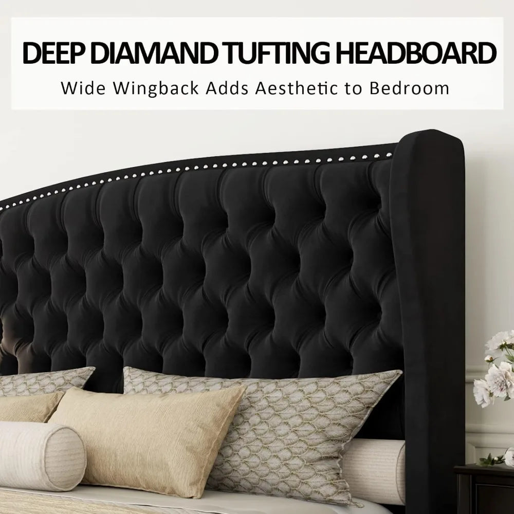 AMERLIFE Queen Size Platform Bed Frame, Velvet Upholstered Bed with Deep Button Tufted & Nailhead Trim Wingback Headboard/No Box
