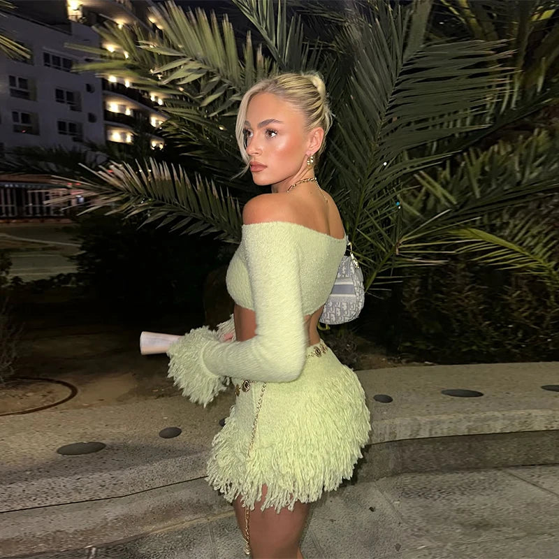 Elegant Tassel Knitted Skirt Set Women Off Shoulder Long Sleeve Crop Top Hip Package Mini Skirts Suit Summer Beach Lady Outfits