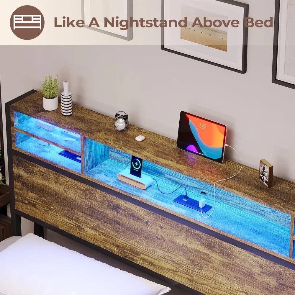 King Size Bed Frame with Storage Headboard Bed Frame with USB Ports & Charging Outlets No Box Spring Needed Bed Frame