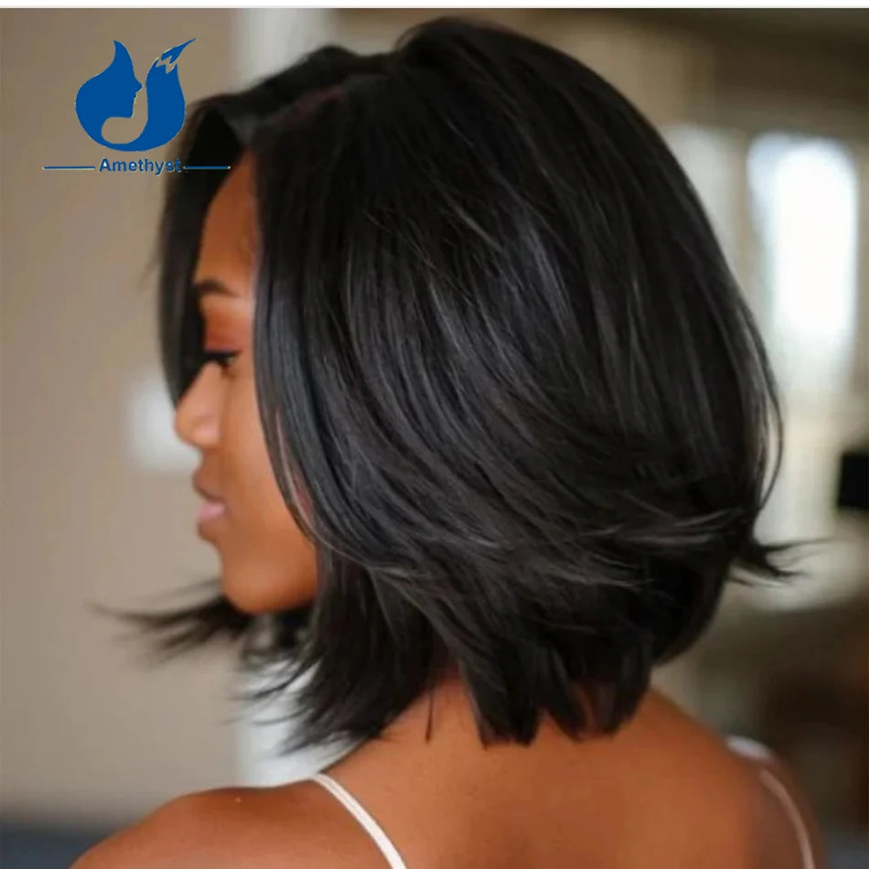 Natural Layered Short Bob with Side Bangs Straight 13x6 Lace Front Human Hair Wigs Straight Bob Pixie Cut