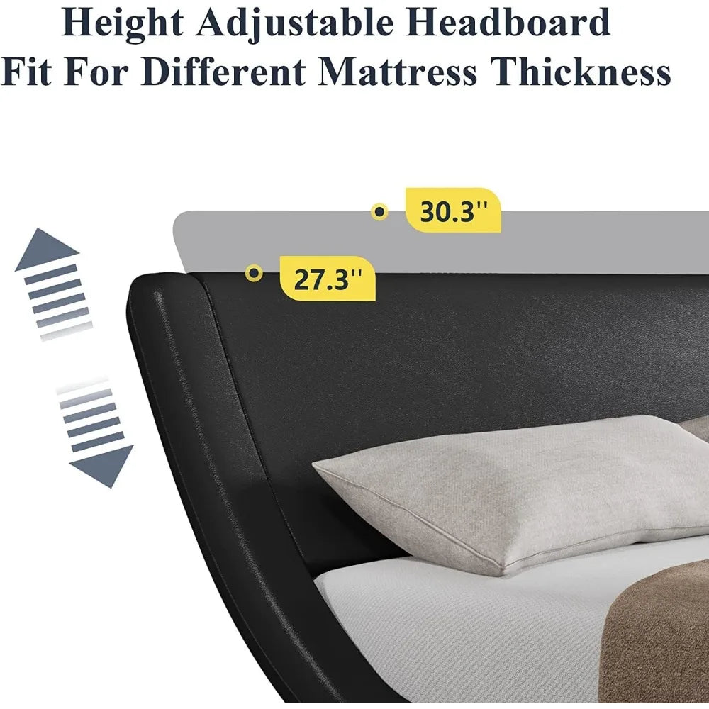 Queen Size Bed Frame with Ergonomic & Adjustable Headboard, Low Profile Modern Upholstered Platform Sleigh Design