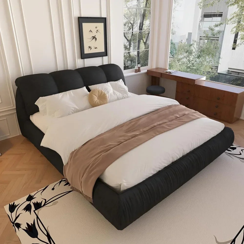 Luxury  Upholstered Platform Bed with Oversized Padded Backrest, Soft Frame Cloud Bed,Pinewooden Slats and Metal Leg